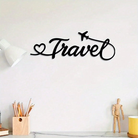 Vintage Metal Wall Art "Travel" - Elegant Script with Airplane, Black Iron, Weather-Resistant for Indoor & Outdoor, Farmhouse & Minimalist Decor, Ideal Gift for Travel Lover