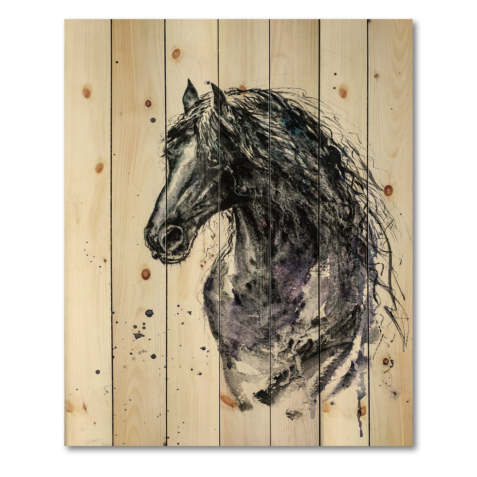 Designart 'Close Up of Friesian Horse With Long Manes' Farmhouse Print on Natural Pine Wood