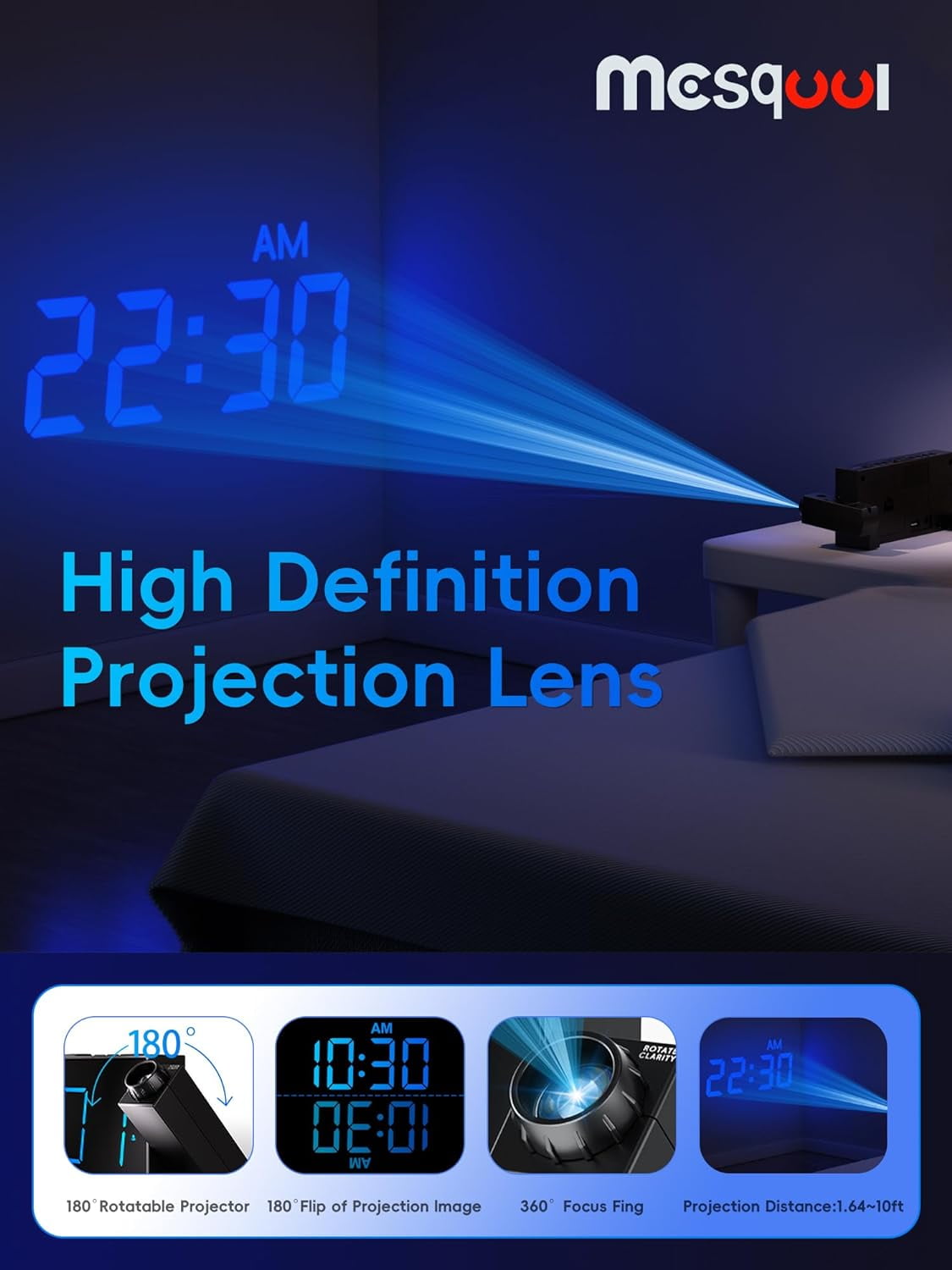 Digital Projection Alarm Clocks for Bedrooms - Large LED Display, 180° Rotatable Projector, 5-Level Dimmer,USB Charger,Battery Backup,Loud Dual Alarms Kids Elderly,Heavy Sleepers,Snooze,12/24H,DST