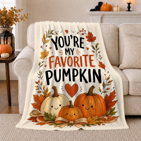 You're My Favorite Pumpkin Quote with Smiling Pumpkins Hearts Leaves and Bow, Sweet Autumn Style for Family Fans, Harvest Love Motif and Thanksgiving Gift, Cozy Flannel Blanket, Home Decor