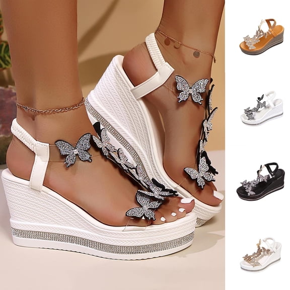 Womens Sandals Wedge Shoes: All-Day Comfort Dressy Wedges Thick Sole Sparkling Decorative Open Toe Summer Sandals for Casual White 9.5(43)