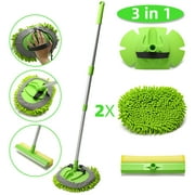 Carcarez Car Wash Brush Kit with 45" Aluminum Alloy Long Handle, 3 in 1 Car Cleaning Mop, Chenille Microfiber Mitt Set, Glass Scrubber Vehicle Cleaner Kit, Green