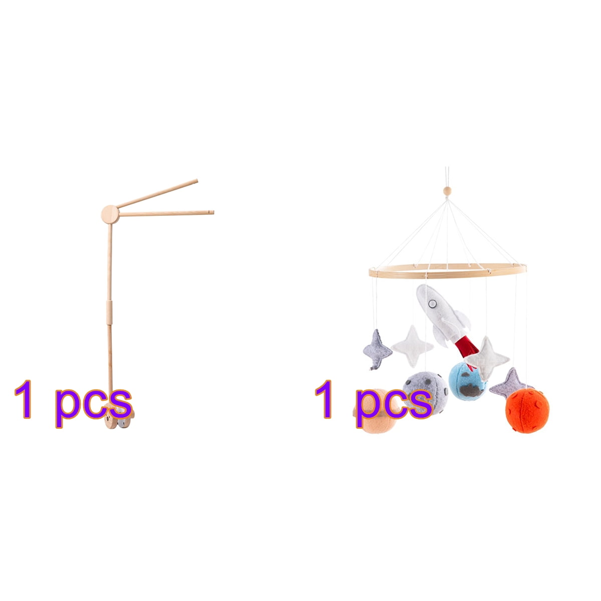 Planet Baby Crib Bell Mobile – Rotating Wooden & Cloth Wind Chimes with Stars, Rocket & Planet Pendants – Soothing Infant Sleep & Nursery Decor