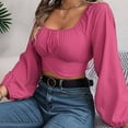 thumbnail image 4 of Titcea Tops for Women Trendy Lantern Sleeve Waist Chiffon Round Neck Long Sleeve Blouses Cute Sexy Casual Shirts, 4 of 8
