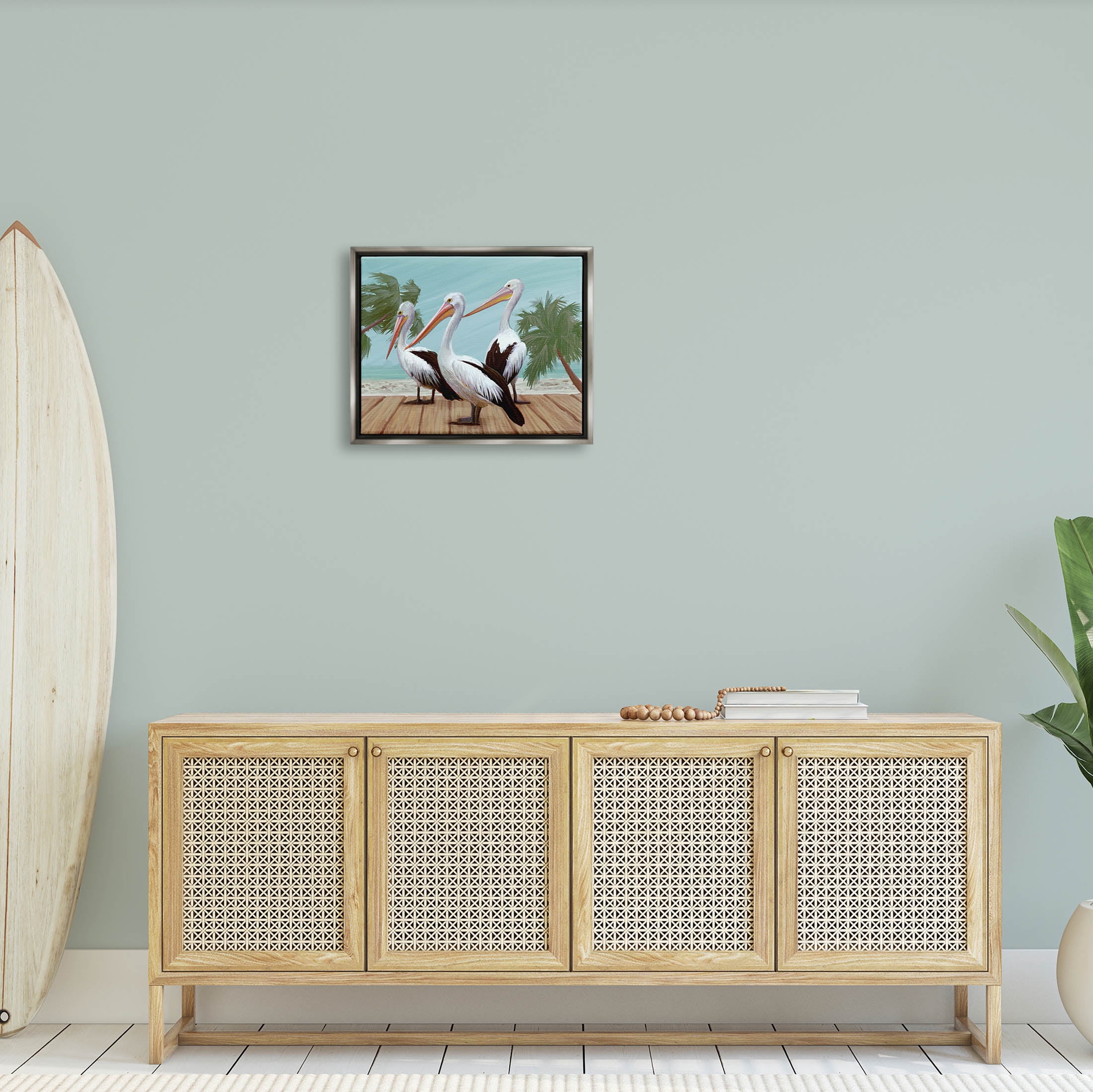 Stupell Industries Tropical Pelicans Beach Boardwalk Painting Luster Gray Floating Framed Canvas Print Wall Art, Design by Ziwei Li