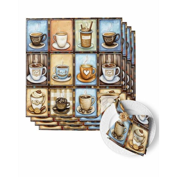 Cloth Napkins Watercolor Retro Coffee Theme Washable Soft Kitchen Dinner Napkin Set of 4,Aromatic Hot Drinks Plaid Reusable Cocktail Napkins for Wedding Holiday Party Event,20x20In