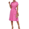 thumbnail image 3 of Women'S Collar Neck Button Down Tie Waist Short Sleeve A Line Midi Shirt Dress Rose Red L, 3 of 10