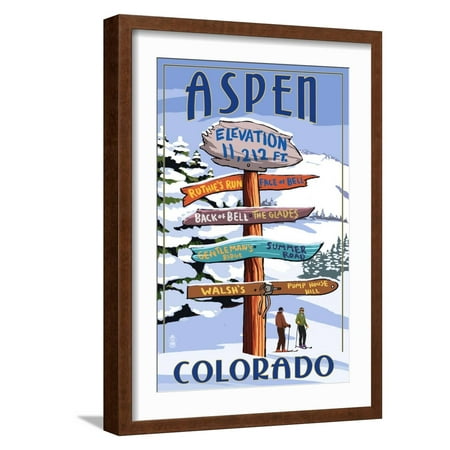 Art.com Aspen, Colorado - Ski Signpost Art Print by Lantern Press, Brown Frame Wall Art, 17" x 23"