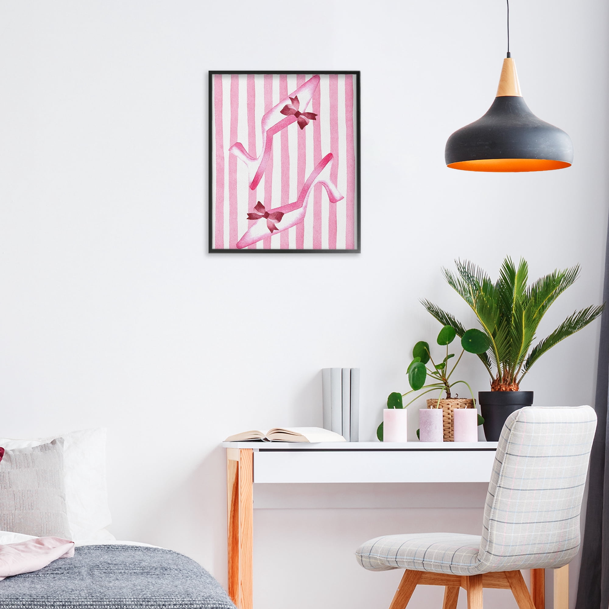 Stupell Industries Bow Heels on Pink Stripes Black Framed Giclee Art, design by Camila Juncos