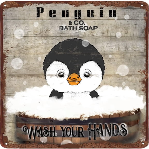 Penguin Bath Soap Metal Tin Sign Wash Your Hands Retro Tin Sign Home Livingroom Bathroom Decor Aluminum Sign Unique Wall Decor Animal Retro Sign Housewarming Birthday Gift 12x12 Inches