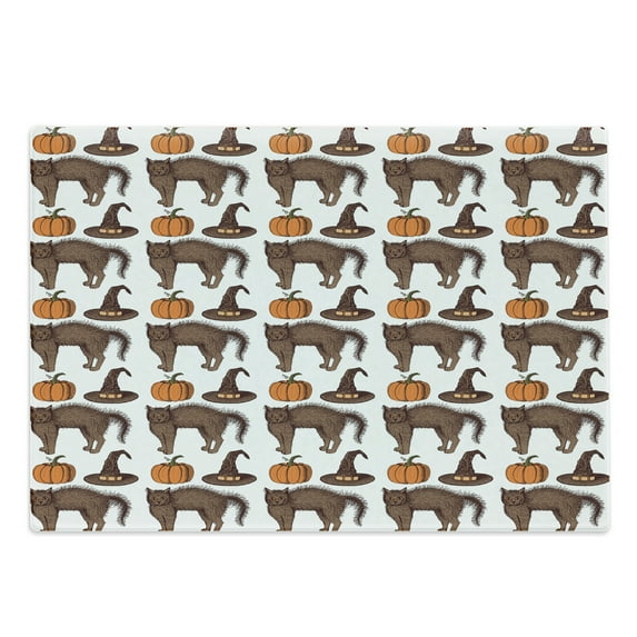 Halloween Cutting Board, Seasonal Vintage Pattern with Pumpkin Squash Witch Hats and Cat, Decorative Tempered Glass Cutting and Serving Board, Large Size, Brown Orange Green, by Ambesonne