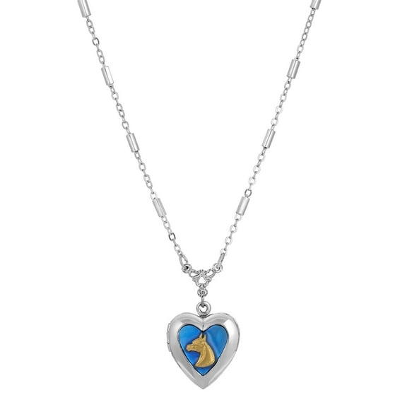 1928 Jewelry Sapphire Blue Horse Heart Locket Necklace For Women 16"   3" Extender