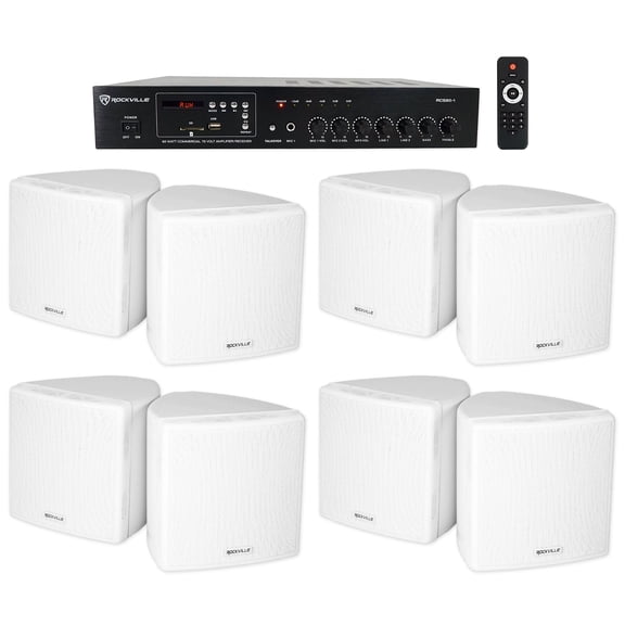 Rockville Commercial Restaurant Bluetooth Amplifier (8) 3.5" White Cube Speakers