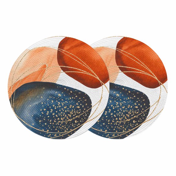 Boho Geometric Round 13 Inch Placemats Set of 2, Orange Blue Abstract Patterned Gold Stripes HeatResistant Non Slip Place Mats for Dining Table, Wipeable Braided Kitchen Table Mats for Housewarming