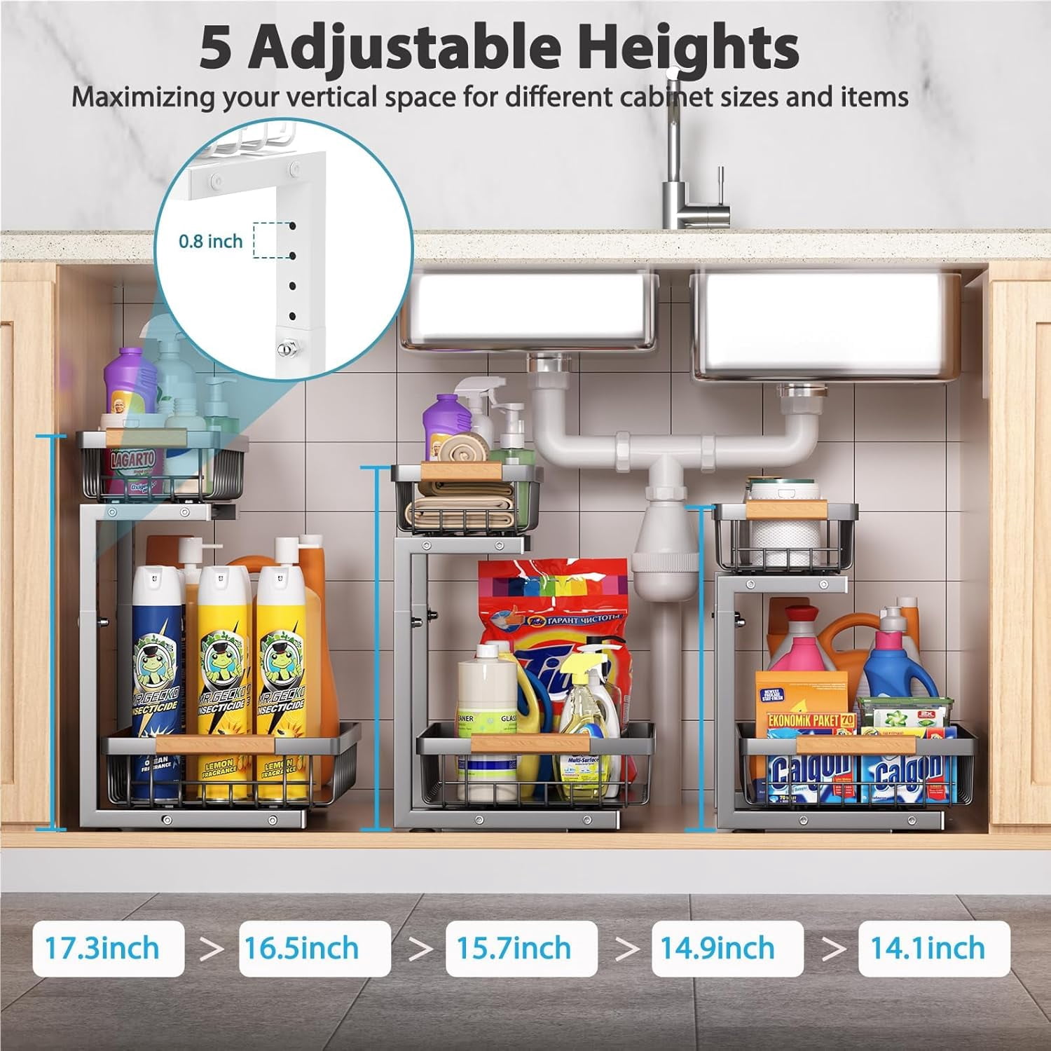 Under Sink Organizer Storage 2 Pack, 2 Tier Slide Out Height Adjustable Pull Out Cabinet Organizer Drawer for Kitchen Bathroom Large Under Sink Shelf Rack Caddy Grey