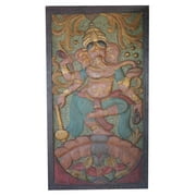 Mogul Vintage Luke Hand Carved Ganesha Dancing Door Panel Happiness Prosperity Wall Sculpture Eclectic Decor