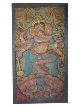 Mogul Vintage Luke Hand Carved Ganesha Dancing Door Panel Happiness Prosperity Wall Sculpture Eclectic Decor