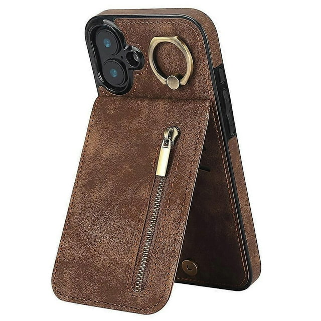 For iPhone 16 Case RFID Blocking Ring Kickstand Retro Leather+TPU Anti-fall Phone Cover - Blue