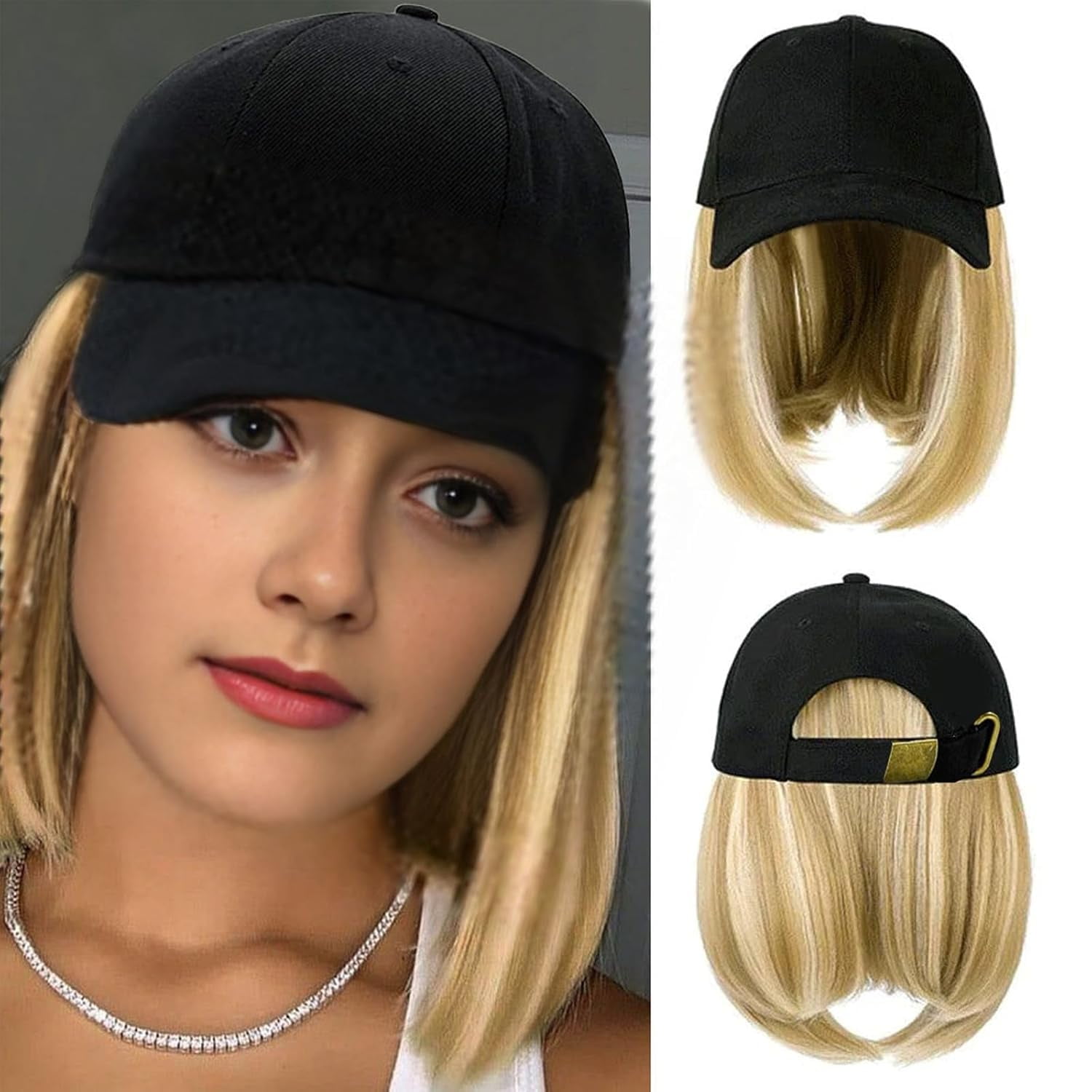 YEKEYI Baseball Cap with Hair Extensions Hat Wig Adjustable Hat Attached Short Straight Synthetic Hairpiece for Women