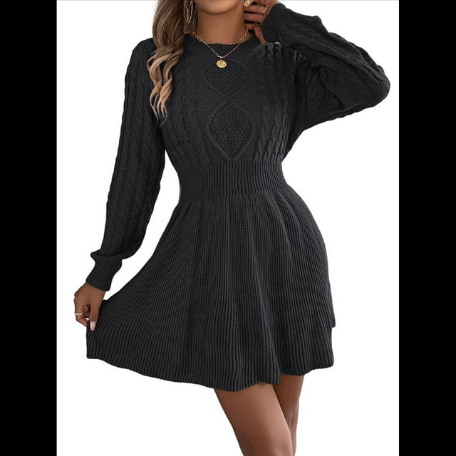 Vestido Tipo Jersey de Larga con Cuello Alto para Mujer, Informal, Holgado, de Punto Acanalado, Minivestido Corto de Otoño. Negro XL