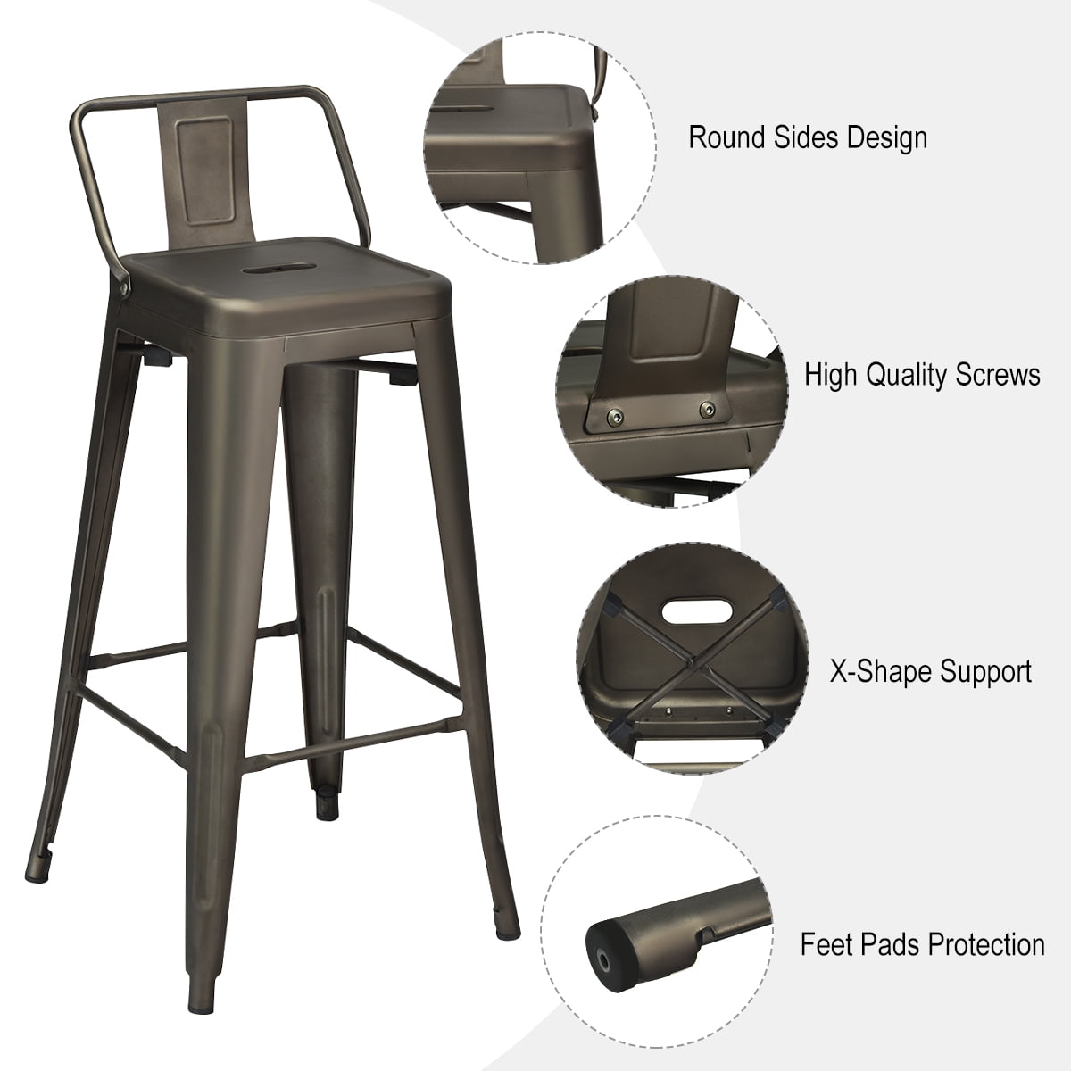 Costway Set of 4 Metal Bar Stools 30'' Bar Height Barstools Industrial w/ Low Back Gun
