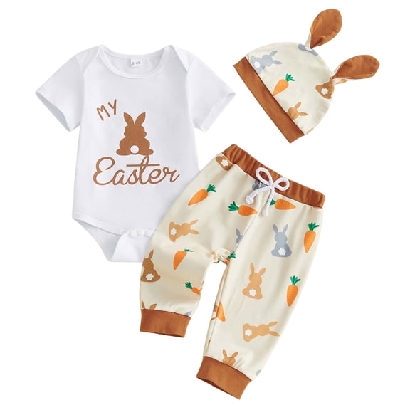 kpoplk Baby Boys Girls Easter Outfits Long sleeve Rabbit Romper Bodysuit Bunny Pants Hat My First Easter 3Pcs Clothes Set Size 6-9 Months,Beige
