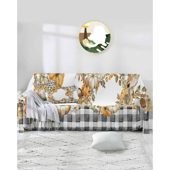 Thanksgiving Plaid Pumpkins Sofa Covers for 3 Cushion,Washable Couch Cover for Sectional Sofa Slipcovers with Tassel,Fall Maple Leaf Buffalo Black Loveseat Covers Futon Cover Throw Blanket 71x118