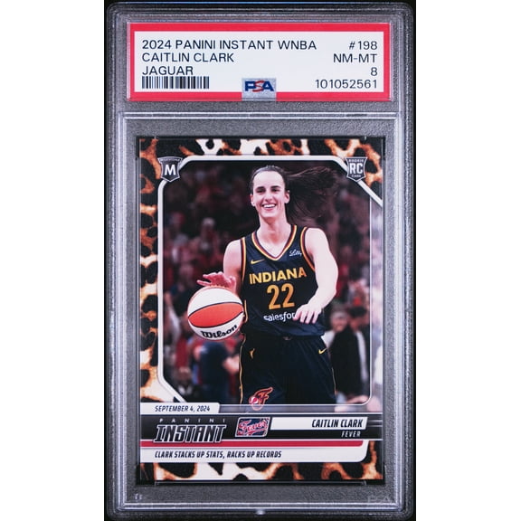 PSA 8 Caitlin Clark 2024 Panini Instant #198 Jaguar SP #7 of 10 Rookie Card Indiana Fever