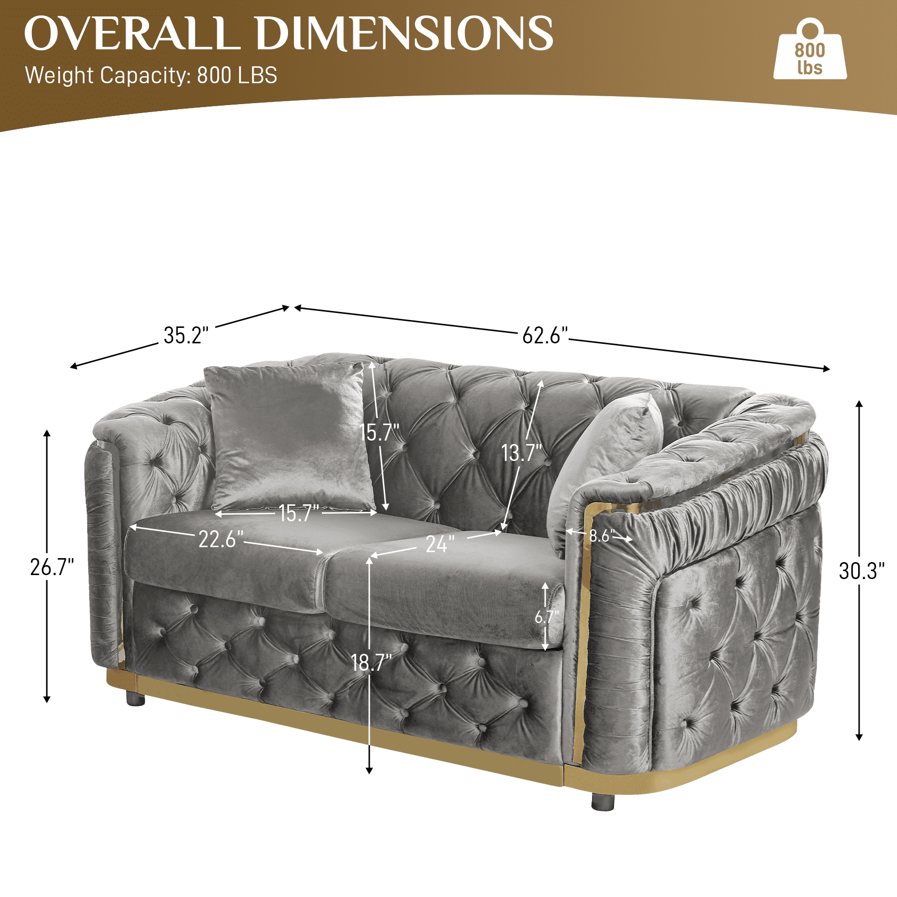 Wiilayok 62.6" Velvet Button Tufted Sofa, Mid-Century Classic Chesterfield Sofa Couch with Thick Backrest,Gold Stainless 2 Love Seat Couches for Living Room,Gray