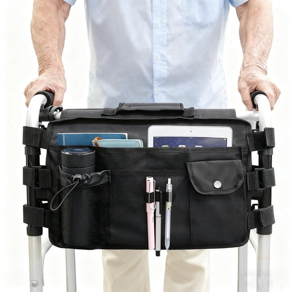 Upgraded Walker Bag for Folding Walker, Double Sided Walker Basket with Multi Pockets Cup Phone Holder Large Capacity Storage Basket for Seniors Walkers, Rollators