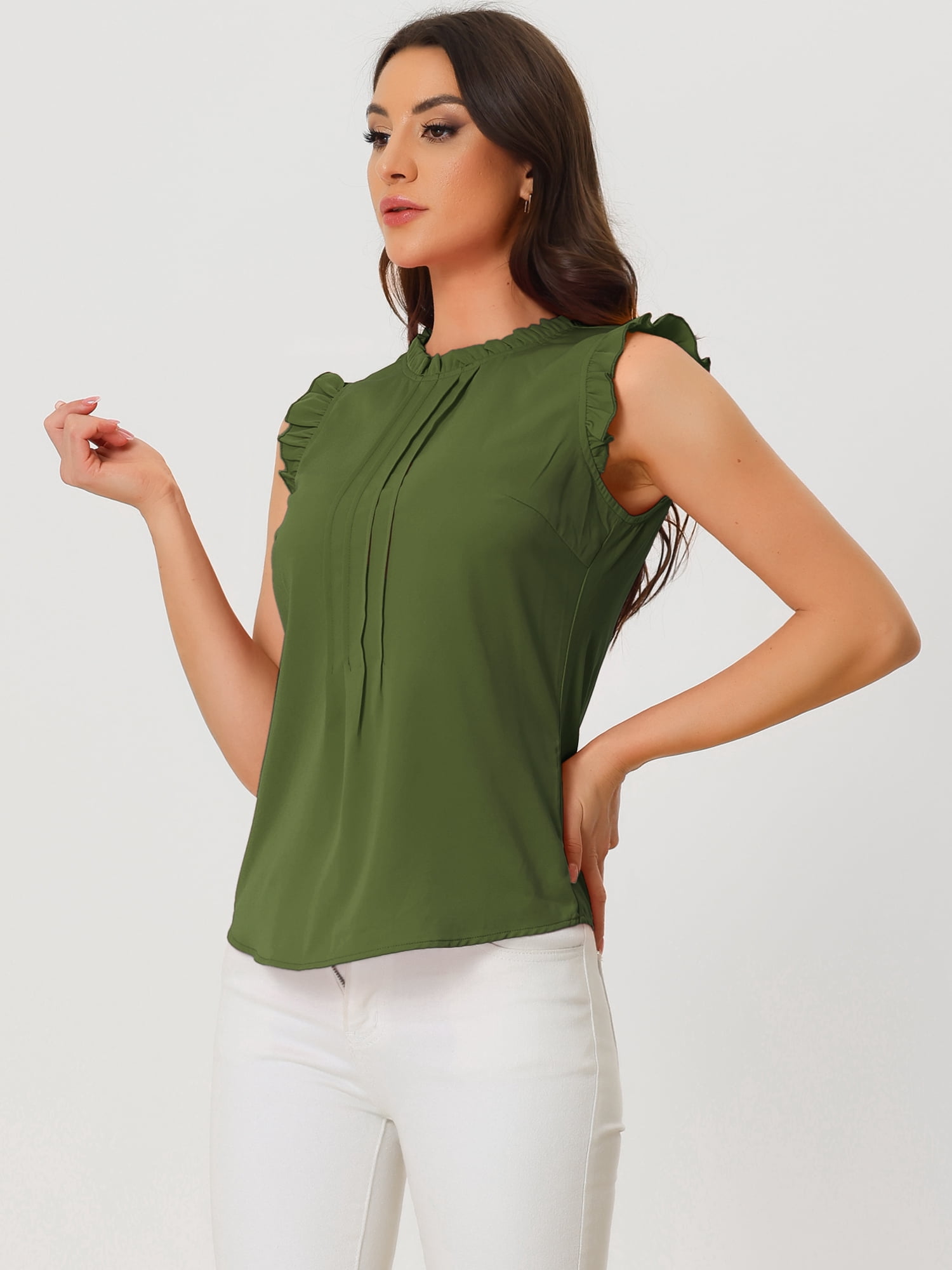 DARING DIVA Women's Ruffled Trim Pleated Plain Blouse Top XS Army Green