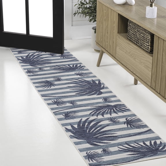 JONATHAN Y TUSCAN SUN 2 x 8 Runner Rug, Veronica Beach Stripe and Palm Leaf - Navy/Cream, TSN402B-28