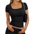 thumbnail image 2 of Womens Short Sleeve Square Neck Basic T Shirts Slim Fit Crop Y2k Tee Black M, 2 of 5