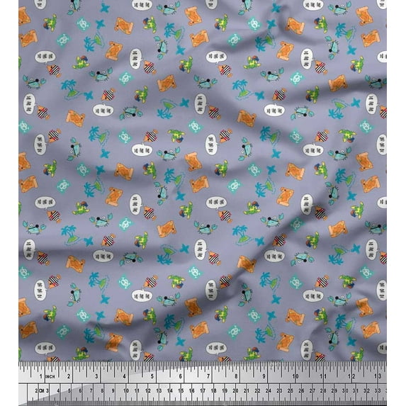 Soimoi Polyester Crepe Fabric Tree,Crab & Fish Ocean Decor Fabric Printed Yard 52 Inch Wide