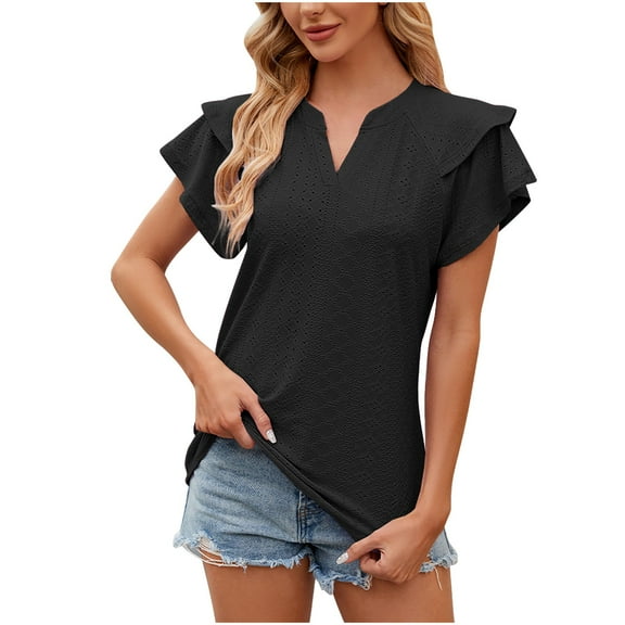 HAPIMO Women's Loose Pullover Tunic Summer Tees for Teen Girls Trendy Solid Color Eyelet Ruffle Short Sleeve Elegant Casual Workout Tops V Neck Shirts Black L