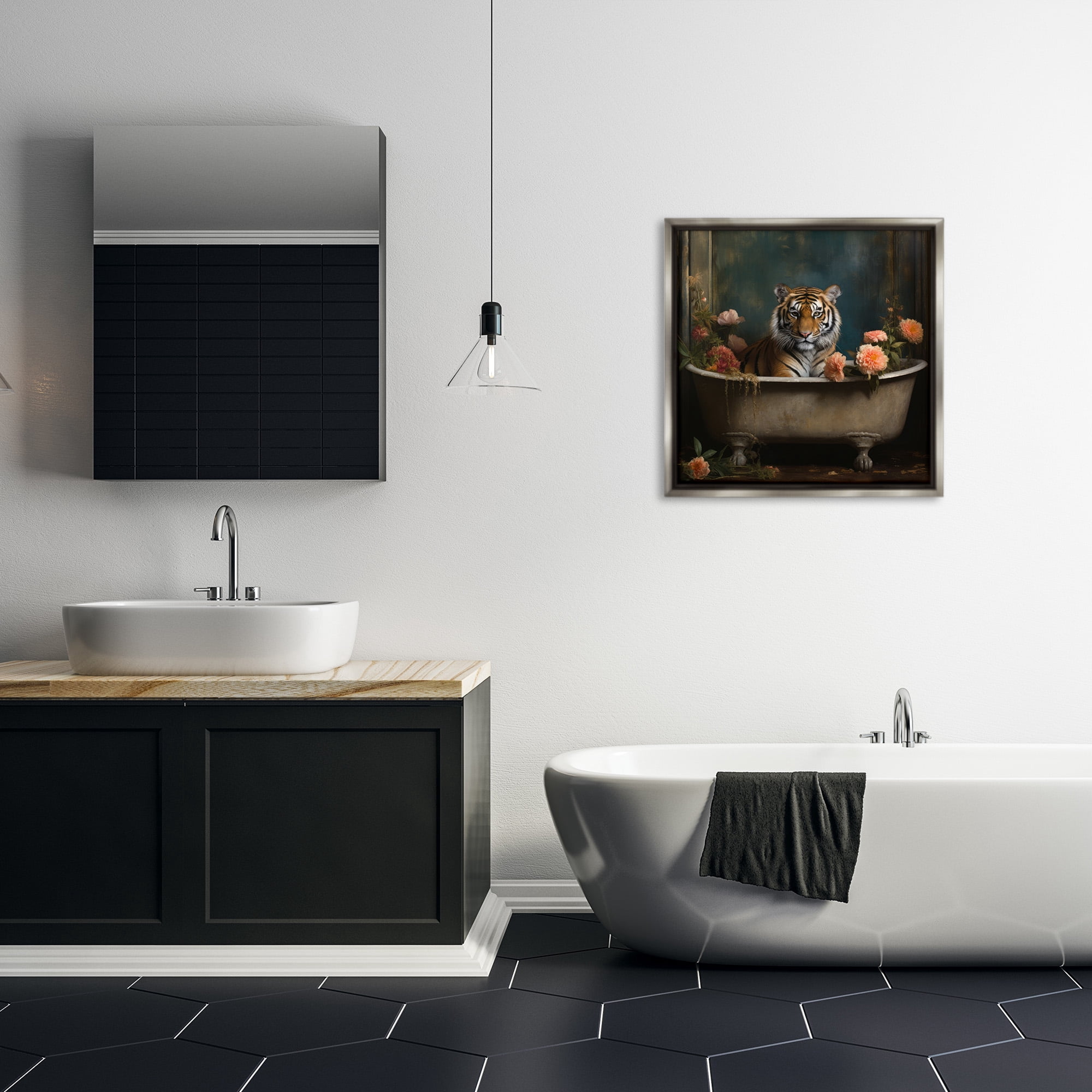 Tiger in Floral Bathtub Gray Floating Frame Canvas Art, 25 x 25
