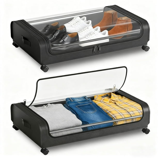 2PCS Zapatera Bajo Cama, Cajas de Almacenamiento Debajo de La Cama con Ruedas y Tapa Transparente, Organizador de Almacenamiento de Gran Capacidad para Edredones, Ropa, Juguete,Zapatos