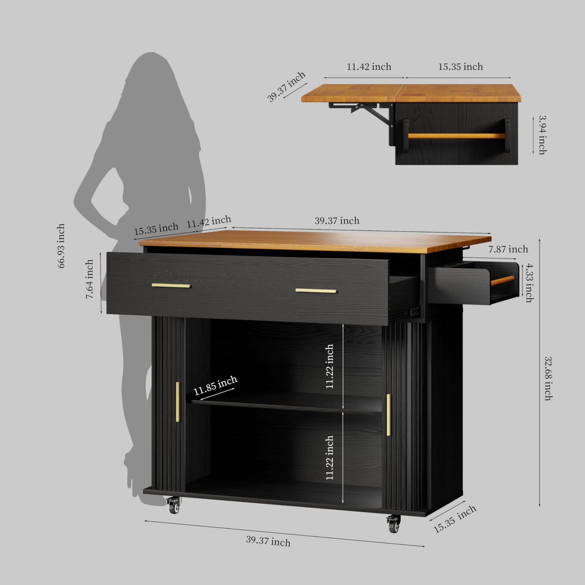 Rolling Kitchen Island Cart with Drop Leaf, Mobile Kitchen Cart on Wheels with Sliding Door, Drawer & Storage Rack, Black