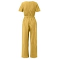 thumbnail image 5 of CheerKidz Women's V Neck Short Sleeve Romper Cotton Linen Jumpsuit Loose Overalls with Belt and Pockets(Yellow,3XL), 5 of 7