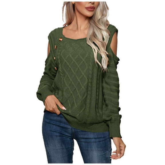 Lindreshi Fall Sweaters for Women Trendy Women's Women's Button Neck Top Off Shoulder Long Sleeve Knit Pullover Sweater