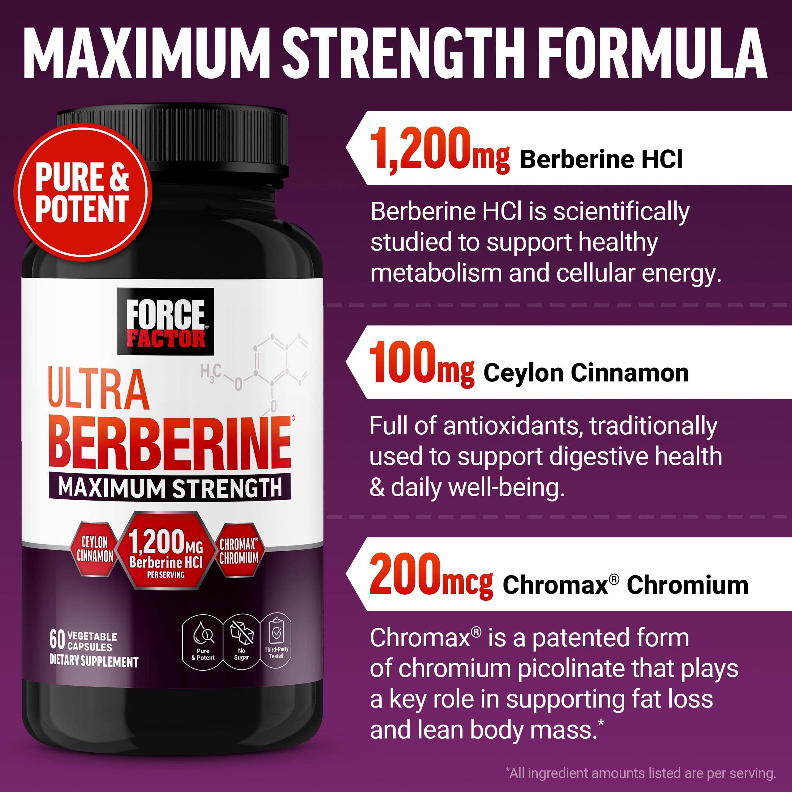 Force Factor Ultra Berberine Maximum Strength, 1200mg Berberine HCl with Ceylon Cinnamon & Chromax Chromium to Support Fat Loss, Metabolism & Weight Management, 60 Capsules
