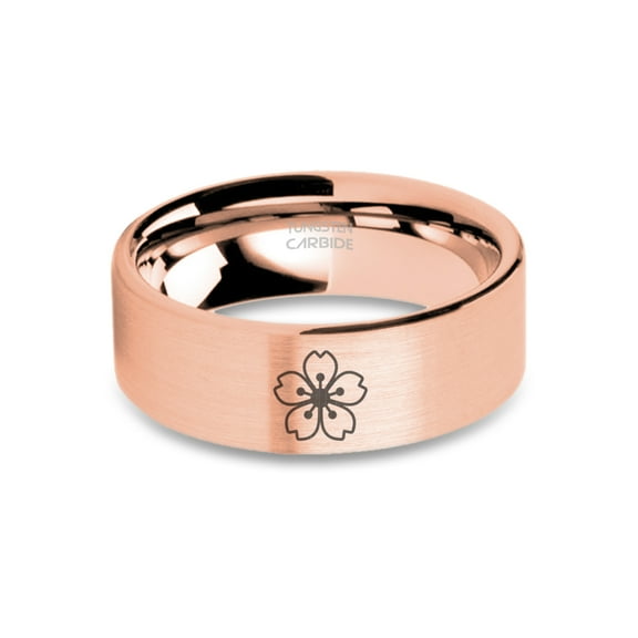 Cherry Blossom Sakura Engraved Tungsten Rose Gold Ring, Brushed, 8mm, Size 15