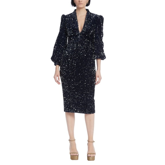 Badgley Mischka Long-Sleeved Sequins Velvet Coat Dress Color: BLUE MULTI, Size: 10