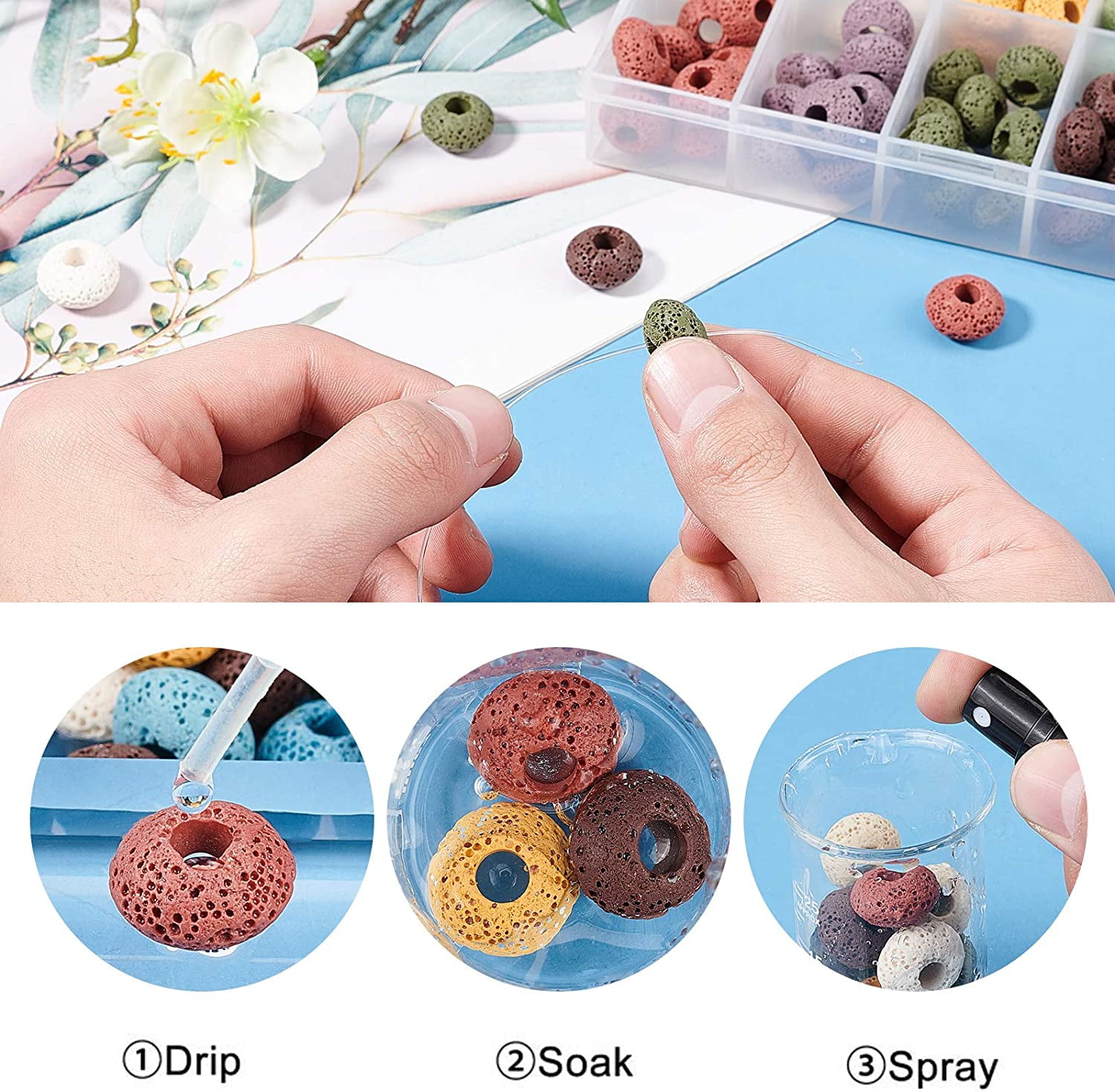 100 Pcs Natural Lava European Beads 10 Colors Flat Round Large Hole Beads Lava Stone Rock Loose Beads Volcanic Gemstone for Jewelry Making Colorful DIY