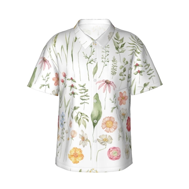 Fotbe Wildflower Watercolor 2 Camisa Hawaiana para Hombre Unisex – Camisa Casual de Verano con Botones de Manga Corta de Algodón y Lino,Large