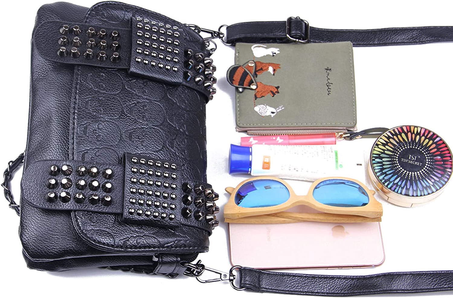 Womens Punk Skull Rivet Shoulder Bag PU Leather Goth Crossbody Bag with Chain Wallet Purse for Teen