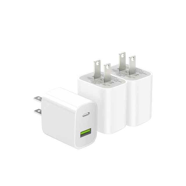 Bloque de cargador USB C, cargador de pared tipo C de doble puerto de 20 W, paquete de 3