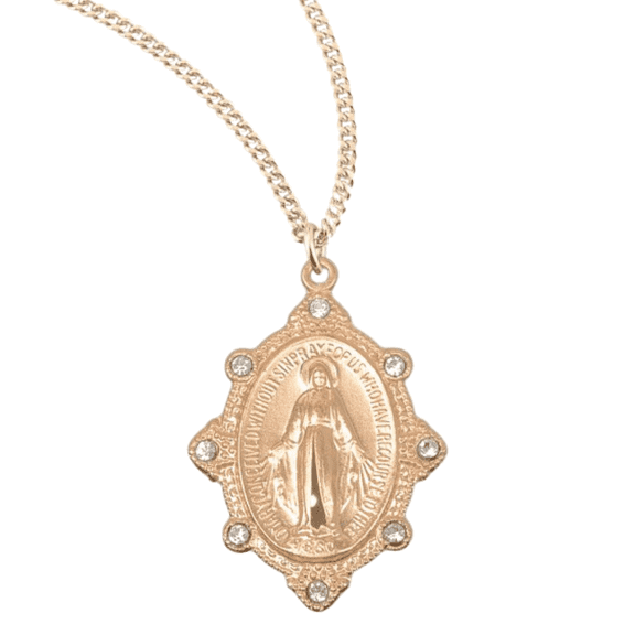 925 Plated Sterling Silver Miraculous Medal Necklace with Clear Austrian Crystals, Blessed Mother Mary, 1.0" on 18" Gold-Plated Chain – Made in USA – Deluxe Velvet Gift Box Included