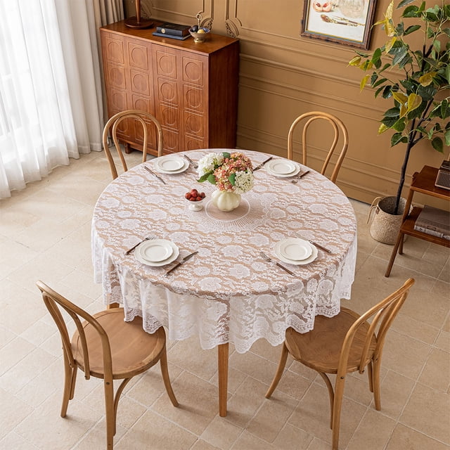 Homekingdee Round Lace Tablecloth - 72.83 Inch Embroidered Sheer Table Cover with Non-Slip Device for Home, Restaurant and Cafe Use