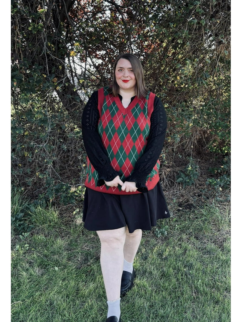 TIYOMI Women's Chunky Knit Vest Plus Size 5x Red and Green Argyle